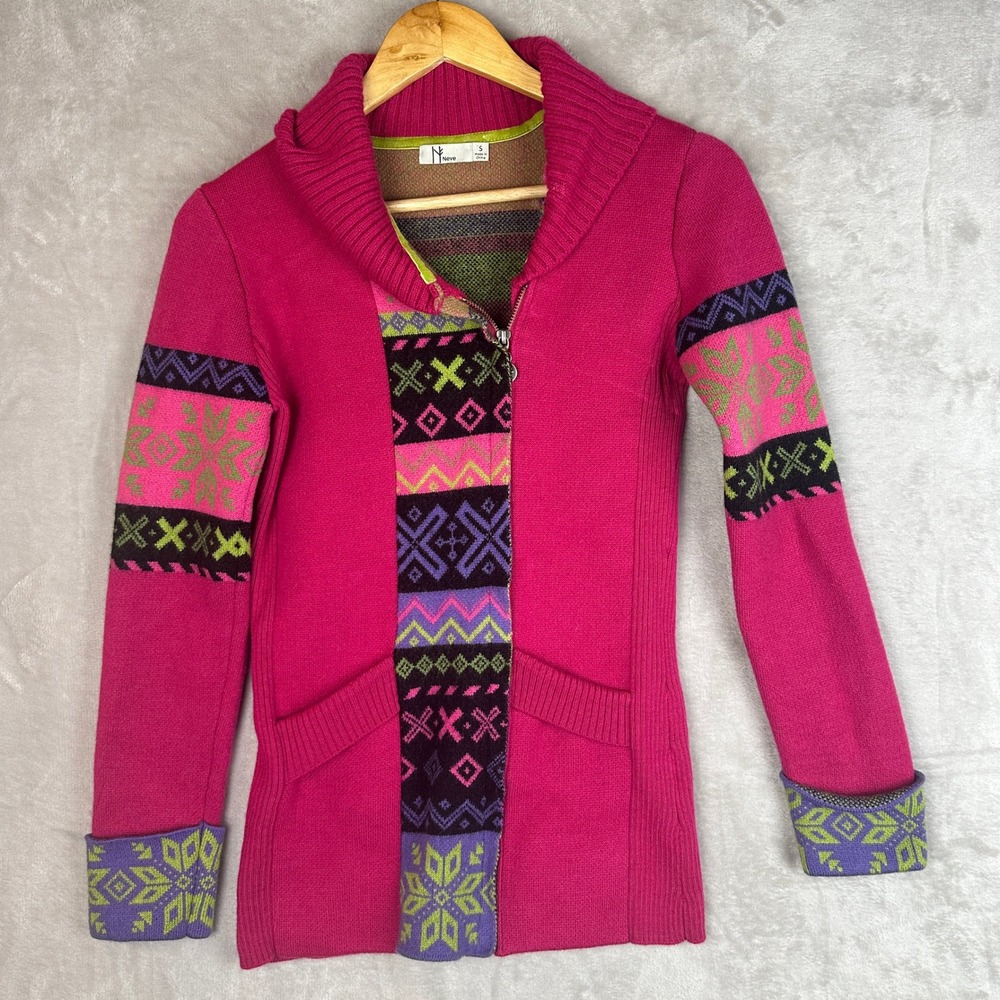 Neve Designs Womens 100% Wool Full Zip Fair Isle Nordic Sweater‎ Pink Small